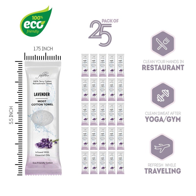 FabbPro Oshibori Moist Terry Cotton Refreshment Towels (25 Pack, 8 x 8 Inches) - White Scented Pre-moistened Essential Oil Infused Towel to Use Hot or Cold - Lavender Scent - Image 3